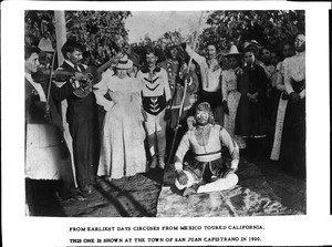 Mexican clowns, or maromeros, performing on Mexican Independence Day in the back of the Leoniso Parra adobe in San Juan Capistrano, September 16, 1900