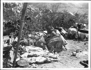 Walapai Indian woman and children camping outside their dwelling, Hackbury, Arizona, ca.1900