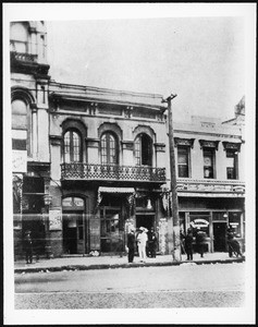 Exterior view of the first Masonic Lodge in Los Angeles, located at four hundred sixteen and a half North Main Street, ca.1885