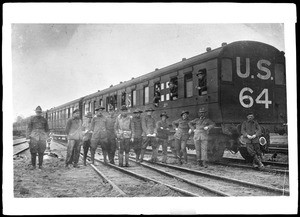 Soldiers posing near a United States hospital train in World War I, ca.1914