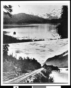 Two general views of Alaska, edited together, showing long train track at bottom, 1935