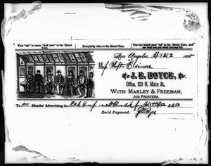 Receipt from J. E. Boyce documenting the purchase of two months' advertising, 1885