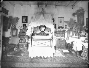 Interior of Senora's (Mrs. DeValle's) room in the adobe at Camulos, said to be Ramona's room, ca.1904