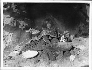 The Havasupai Indian Uta's daughter, Tis-wi-a-yar-i, making "piki" (bread), ca.1899