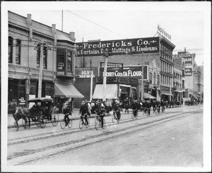 The Los Angeles Police Bicycle Squad in the Mounted Police Parade on Broadway's west side, May 24, 1904