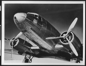 Close-up view of United Airlines DC-3 commercial airliner, ca.1935