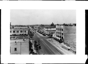 Birdseye view of the intersection of Garfield Street and Main Street during the the construction of the Professional Building in Alhambra, 1923