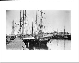 Two sailing ships docked at the early San Pedro Harbor, ca.1905