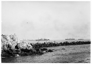 View of Deadman's Island and a jetty in Los Angeles Harbor