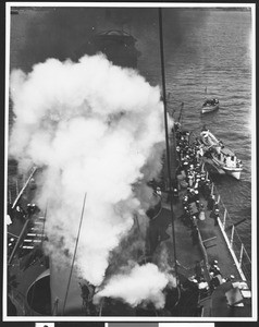 Obscured aerial view of deck of U.S.S. Missouri from crow's nest, 1908