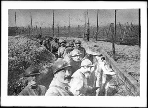 Soldiers in a trench behind the great entanglement on the French front in World War I, ca.1915