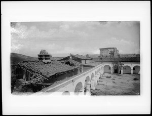 Mission San Juan Capistrano, California, showing tile chimney and outer court from roof, ca.1888