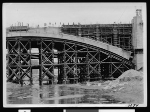 View of falsework during construction of the main arch of the Fourth Street Viaduct over the Los Angeles River