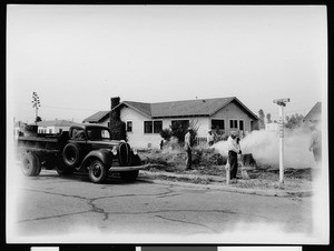 Department of Public Works employees burning branches from a felled tree