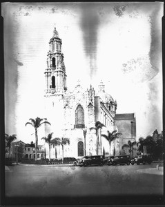 Exterior of Saint Vincent's Roman Catholic Church as seen from the far corner of Figueroa Street and Adams Boulevard, March 1, 1931