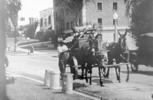 View of a Department of Public Works refuse collector on a mule-drawn cart