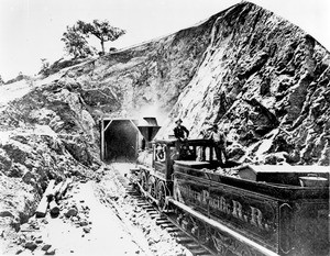 Southern Pacific train nearing a mining tunnel, California, ca.1870
