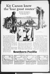 Southern Pacific Railway advertisement, equating railroad routes with the travels of frontiersman Kit Carson, ca.1930