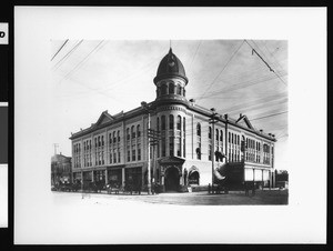 Exterior view of the Hotel Steward in San Bernardino, ca.1900