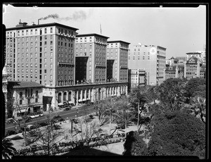 Exterior view of the Biltmore Hotel and Pershing Square