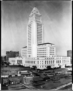 Exterior view of the Los Angeles City Hall building, taken from Nadeau Hotel, 1928