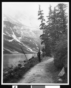 Man on a dirt road near a river, Canada, ca.1930-1939