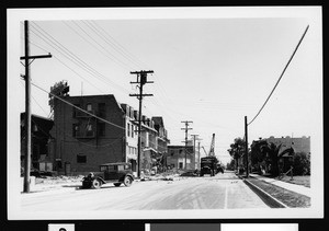 Earthquake damage shown along a street, Compton, March 1933