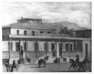 Lithograph of a drawing of a LaFayette Hotel with a fort in the background, 1857-1870