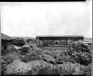 View of the San Fernando Mission church, shown from the south side of the patio, ca.1900