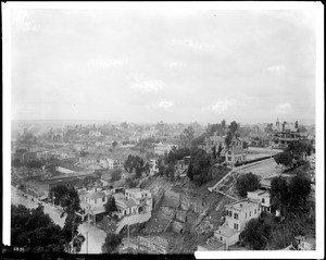 Panoramic view of Los Angeles looking west from the Courthouse, showing Bradbury mansion at right, ca.1900