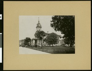 Exterior view of Oakland City Hall, shown from a distance, Oakland, ca.1900