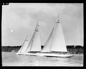 Three numbered sailboats moving towards the right on the water