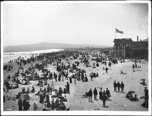 Huge crowds of people on the beach near the Long Beach Bath House, ca.1902-1905