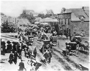 Colorado Boulevard (or Street?) in Pasadena looking east, where the Santa Fe Railroad crosses, 1878