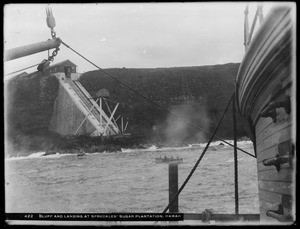 Bluff and landing at Spreckles' sugar plantation from the deck of a ship, Hawaii, 1907