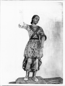 Statue of the Archangel Michael at Mission Santa Barbara, California, ca.1900