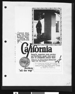 Santa Fe Railway advertisement, showing a person in a cloak standing in the courtyard of what appears to be a mission, 1924