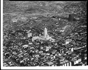 View of Los Angeles from Fifth Street and Hill Street, showing City Hall and the city gasworks, 1928