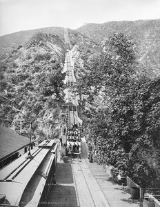 Passenger car from the Mount Lowe Incline Railway descending from the mountain into the Rubio Pavilion