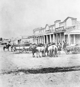 View of the intersection of 3rd Street and C Street, San Bernardino, ca.1868