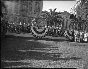 Speaker at the groundbreaking ceremony for the Pershing Square parking garage in Los Angeles, 1951