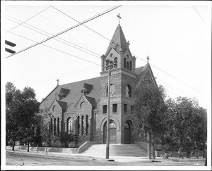 Exterior view of Saint Mary's church in Boyle Heights, Los Angeles, between 1880-1915