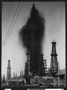 Signal Hill oil well gusher, at Long Beach, ca.1940