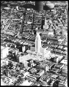 Aerial view of Los Angeles, showing the then new City Hall and the city gasworks, ca. March 1928