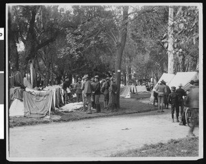 View of San Jose following the 1906 earthquake, showing soldiers in a camp in a park under martial law, 1906