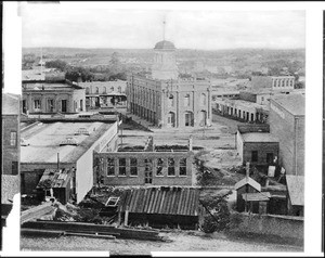 View of Spring Street and Main Street from a nearby hill, showing the Old Court House, Los Angeles, ca.1872