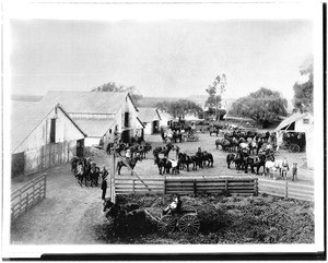 Birdseye view (painting?) of workers on the Patterson Ranch in Ventura County, ca.1900