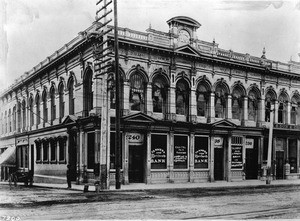 Exterior view of the Farmers and Merchants Bank on the corner of Main Street and Commercial Street, Los Angeles, ca.1895