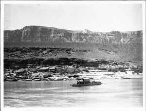 Wagon on a ferry crossing the upper Colorado River at Lee's Ferry, Grand Canyon, 1900-1930