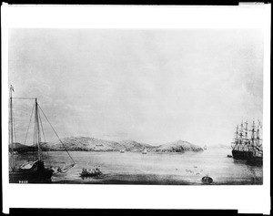 Drawing of San Francisco's Golden Gate, showing several large ships, 1837